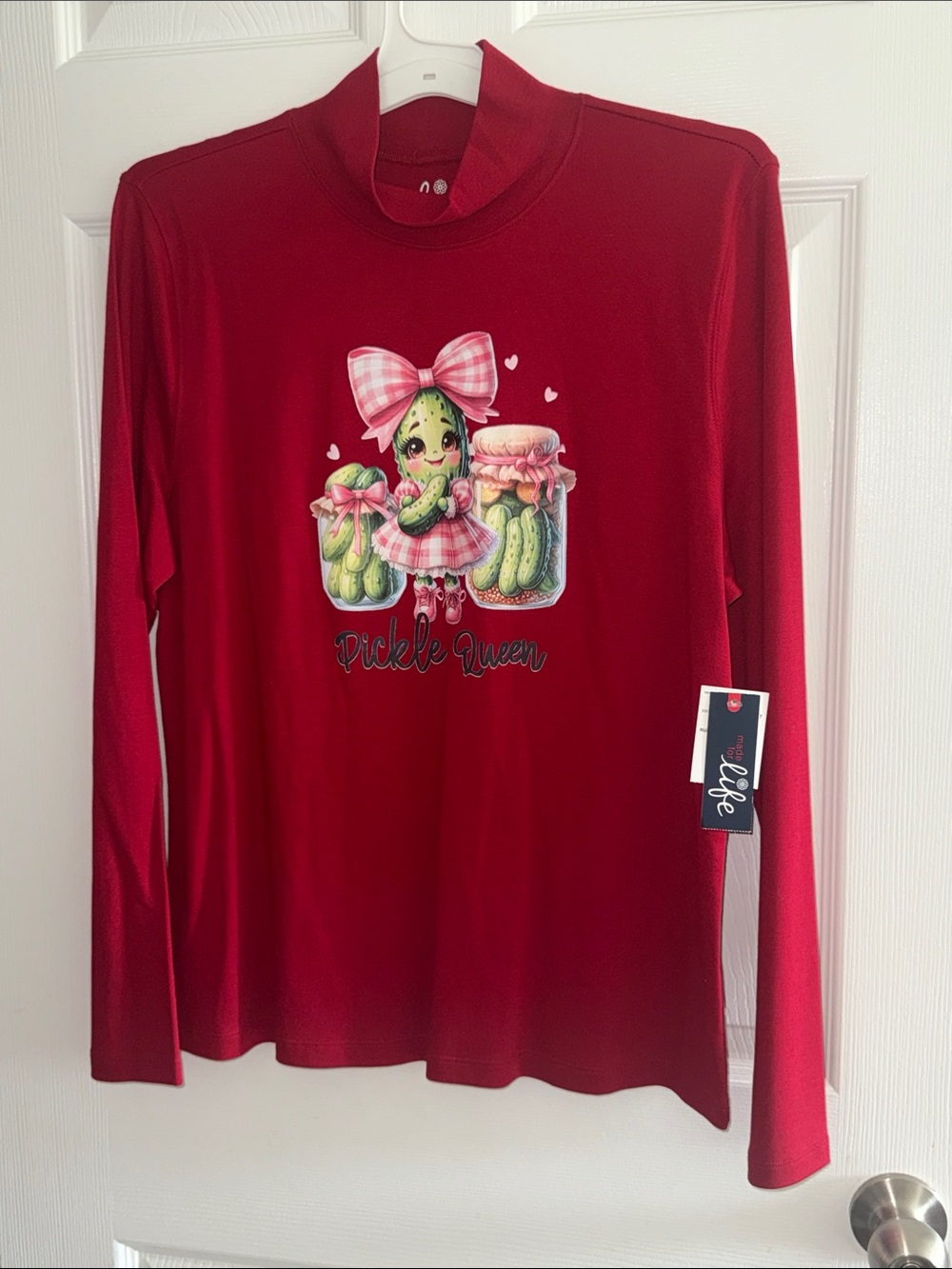 Made for life Women's 100% cotton Red 'Pickle Queen' Long-Sleeve Top Xl NWT